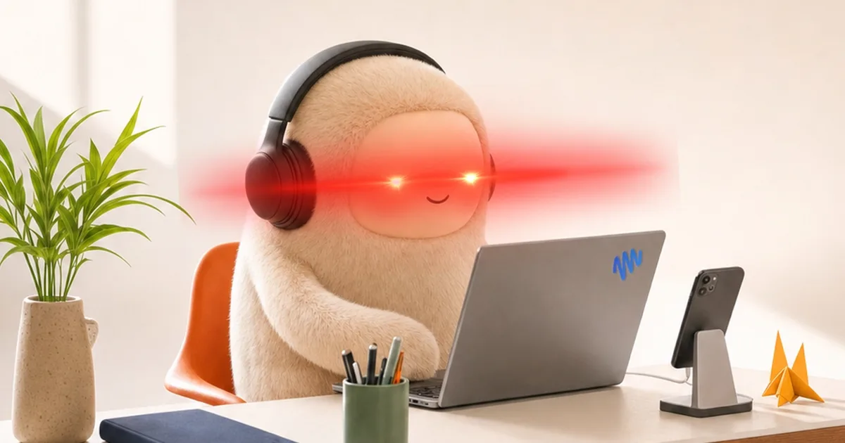 Editorial illustration: a fuzzy character wearing headphones with glowing red laser eyes, typing at a laptop
