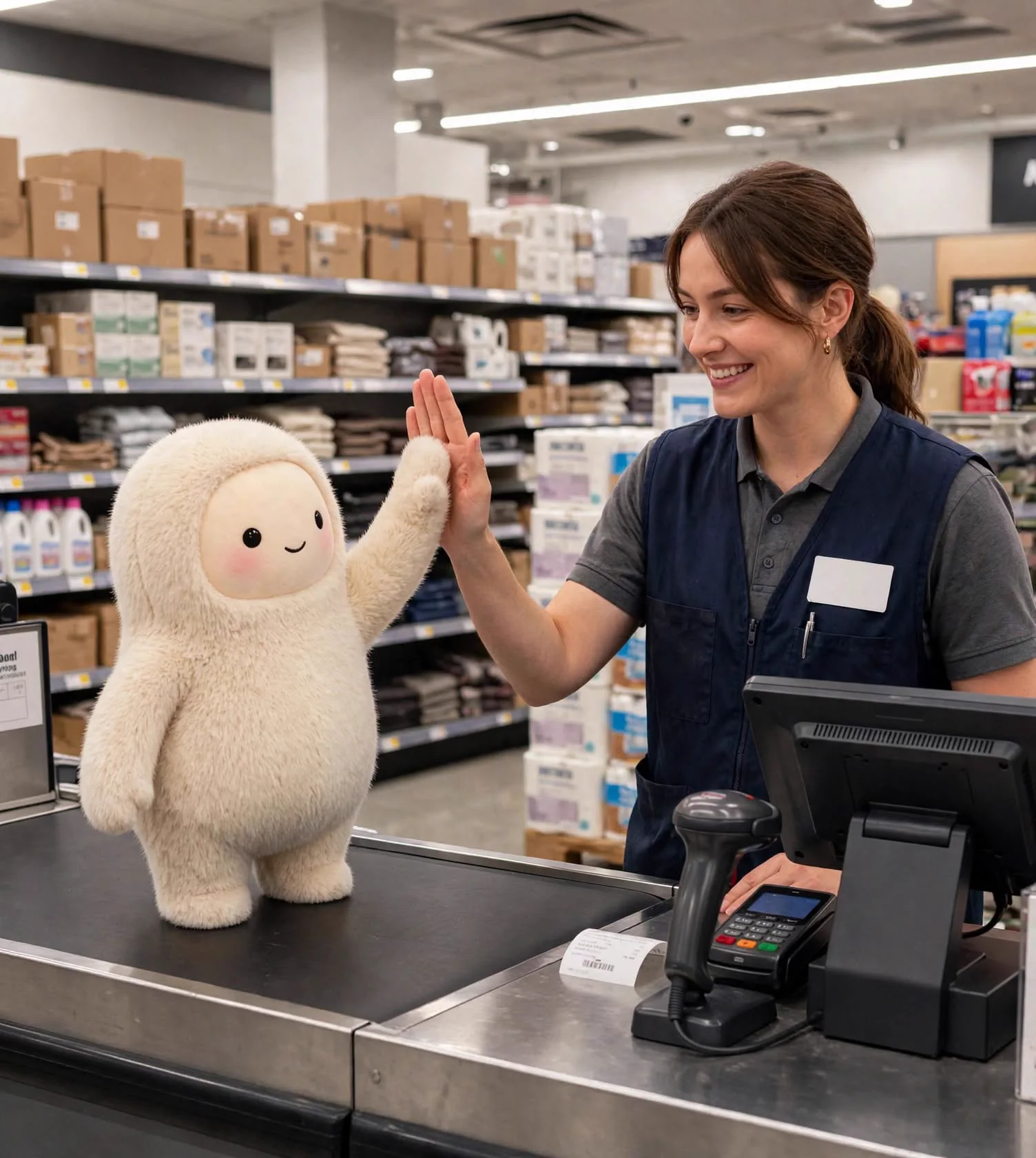 A retail store employee high-fiving a fluffy cream-colored plush character standing on a checkout counter