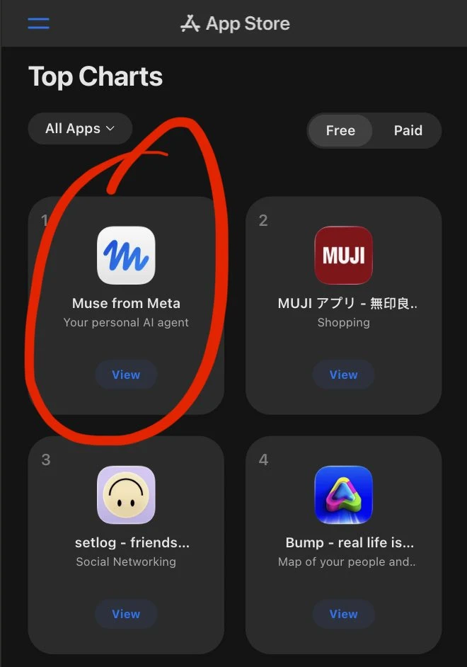 Screenshot of the App Store Top Charts for free apps in Japan showing Muse from Meta at number one, circled in red, with the MUJI app at number two