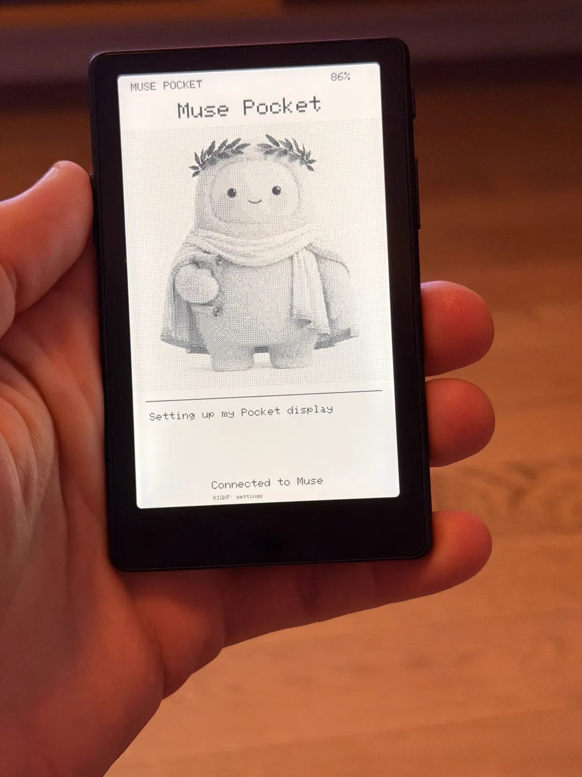 Viticci's e-reader showing the Muse Pocket display with his Muse, Calliope