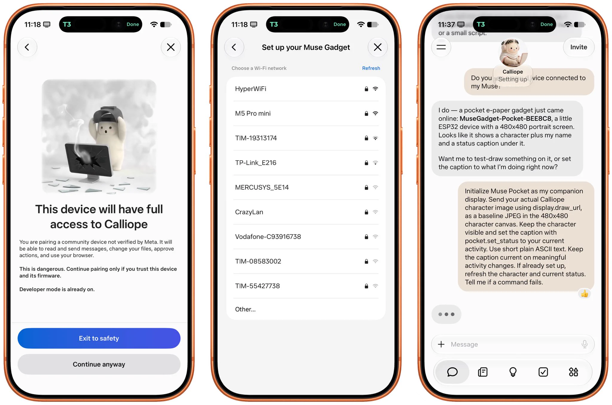 Phone screenshots of the Muse app gadget setup flow: pairing warning, Wi-Fi setup, and chat with Calliope